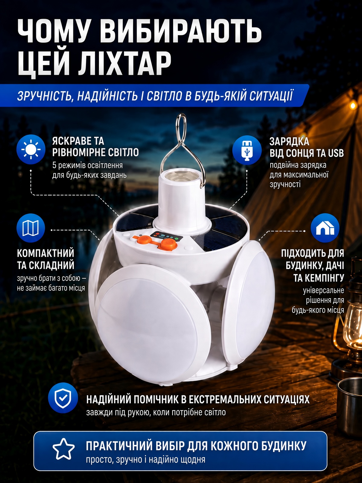 Акумуляторний LED світильник з сонячною панеллю фото